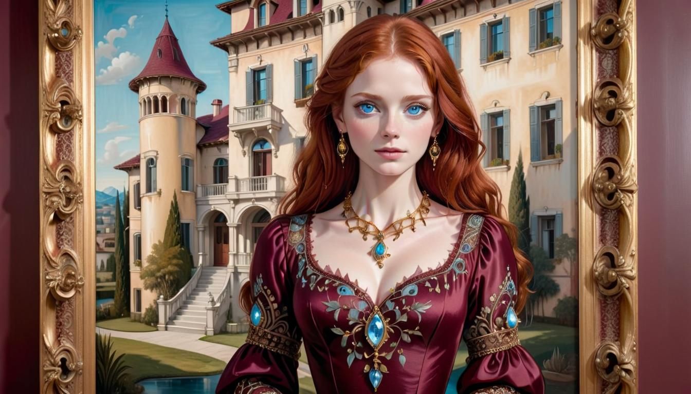 Redhead in Burgundy Dress Before Mansion, as Oil Painting
