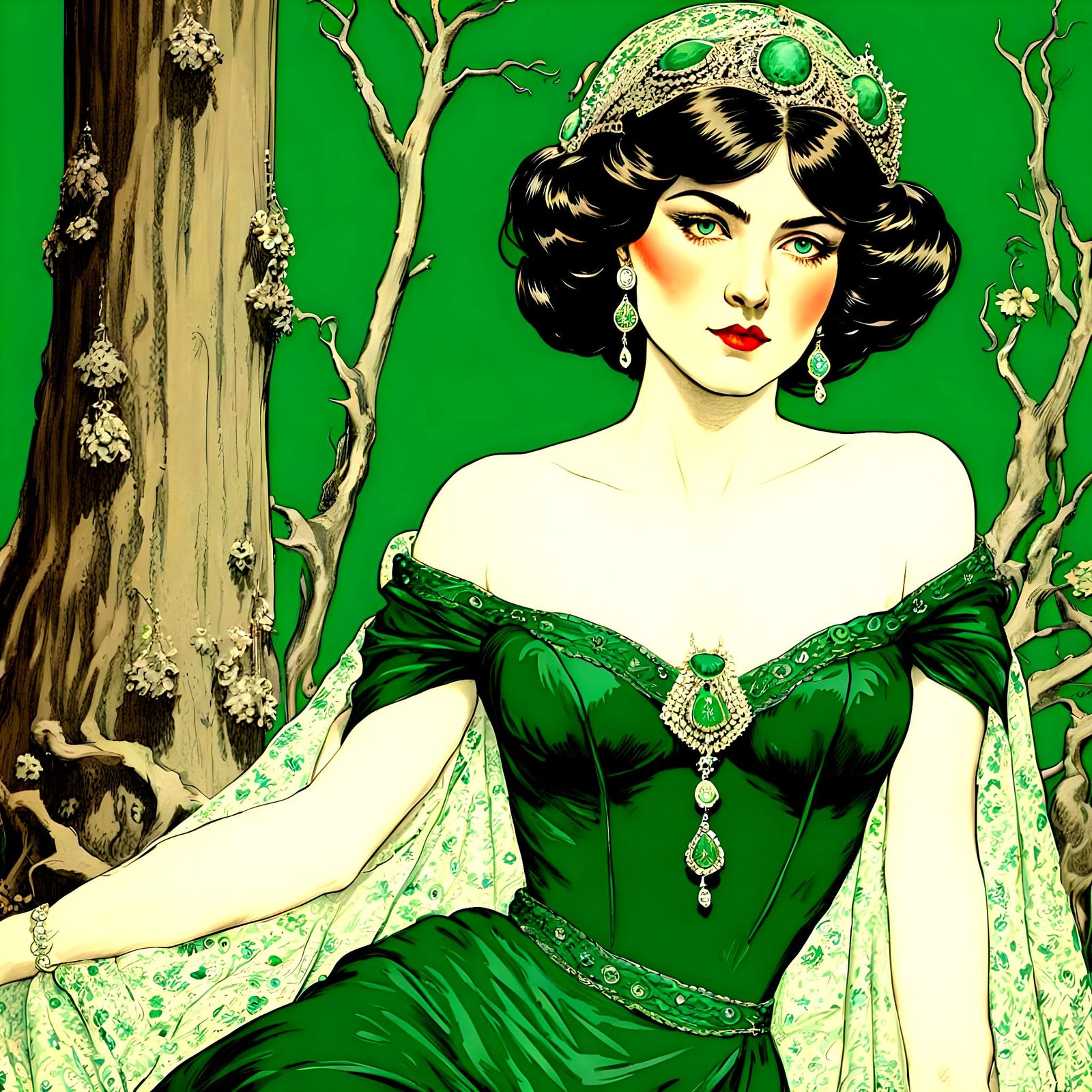 Surly sorceress, emerald bejeweled, dazzling, folk art, fore...