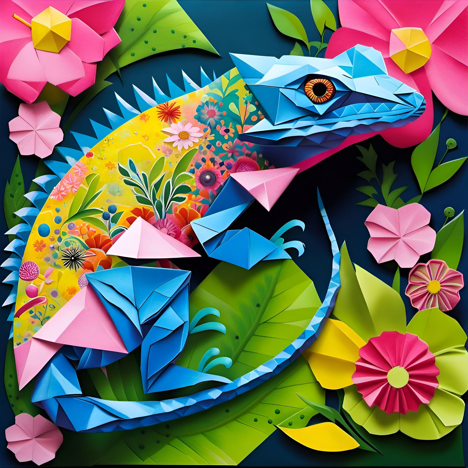 Playful Origami Lizard in Colorful Landscape