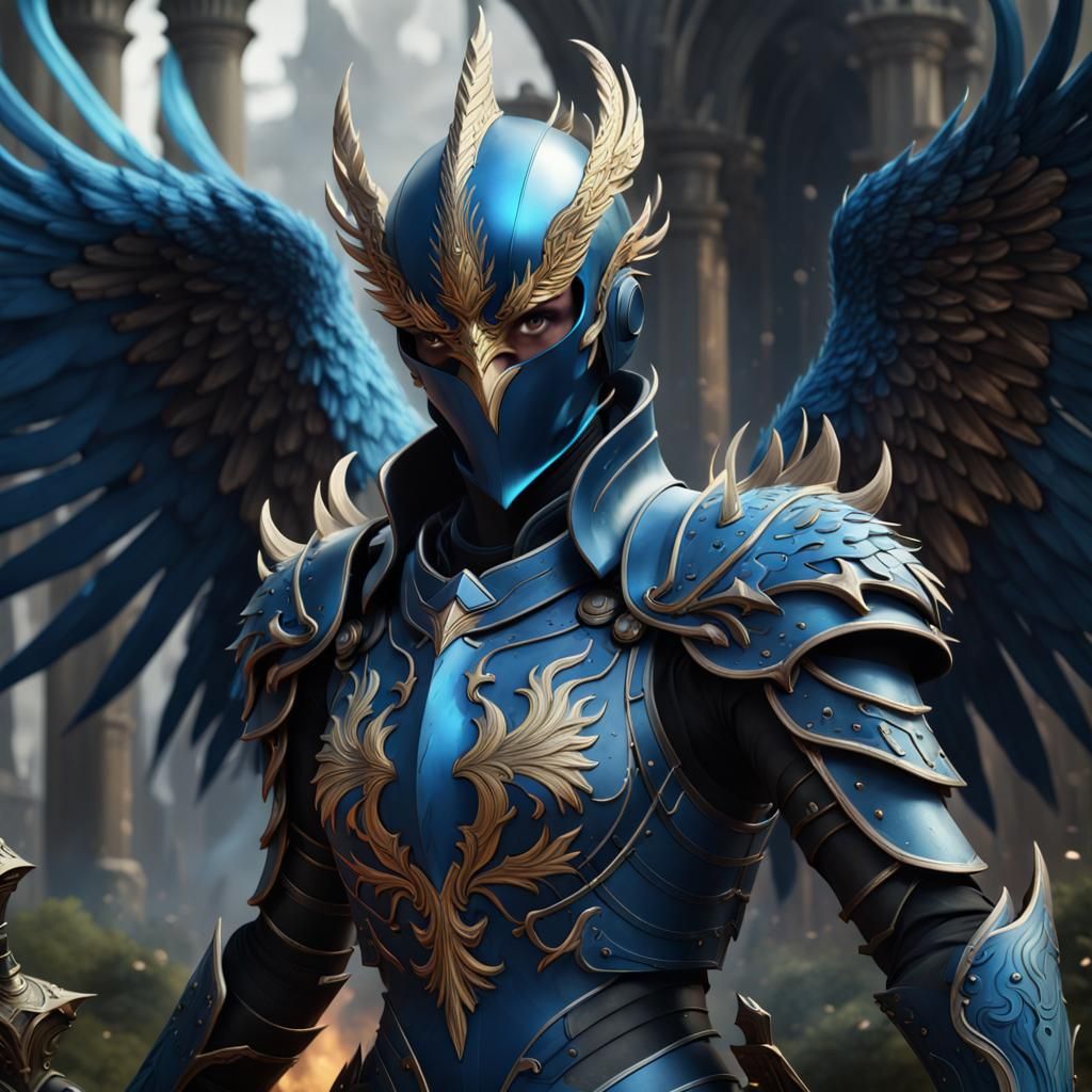 Black and Blue Phoenix Knight: Detailed Matte Painting