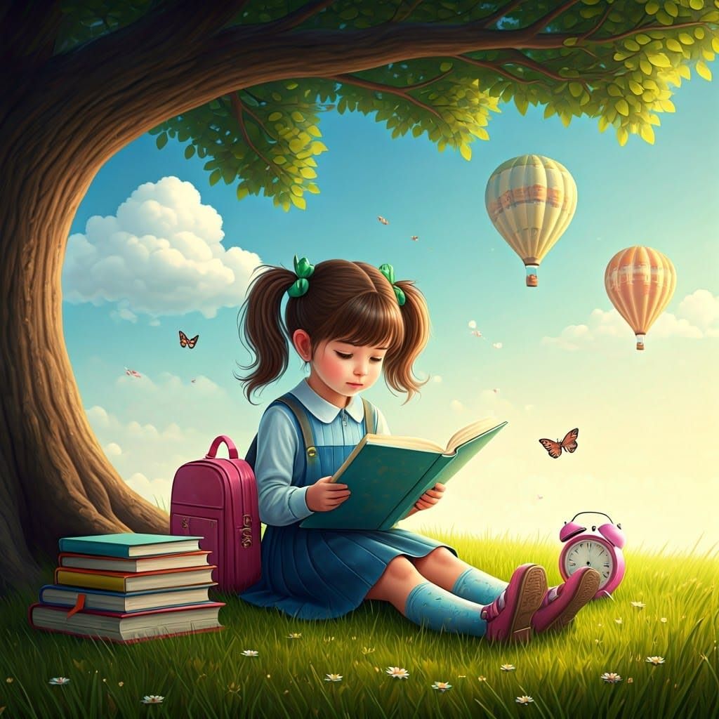 Girl Reading Book Under Tree, 3D Digital Art