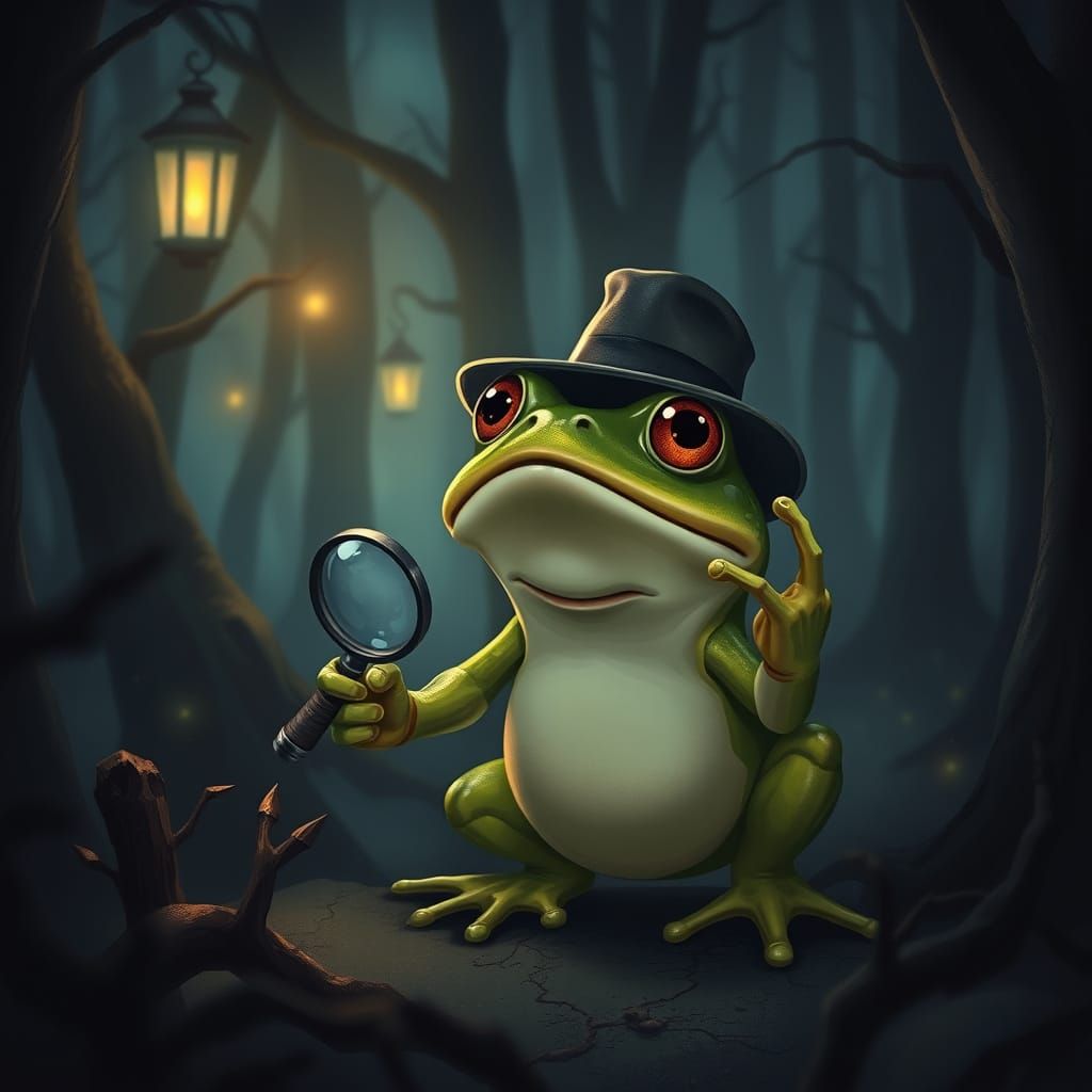 Surprised Frog Detective in Mystical Forest