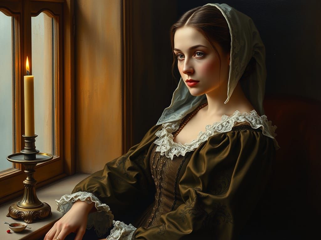 Contemplative Woman in Renaissance Attire, Oil Painting