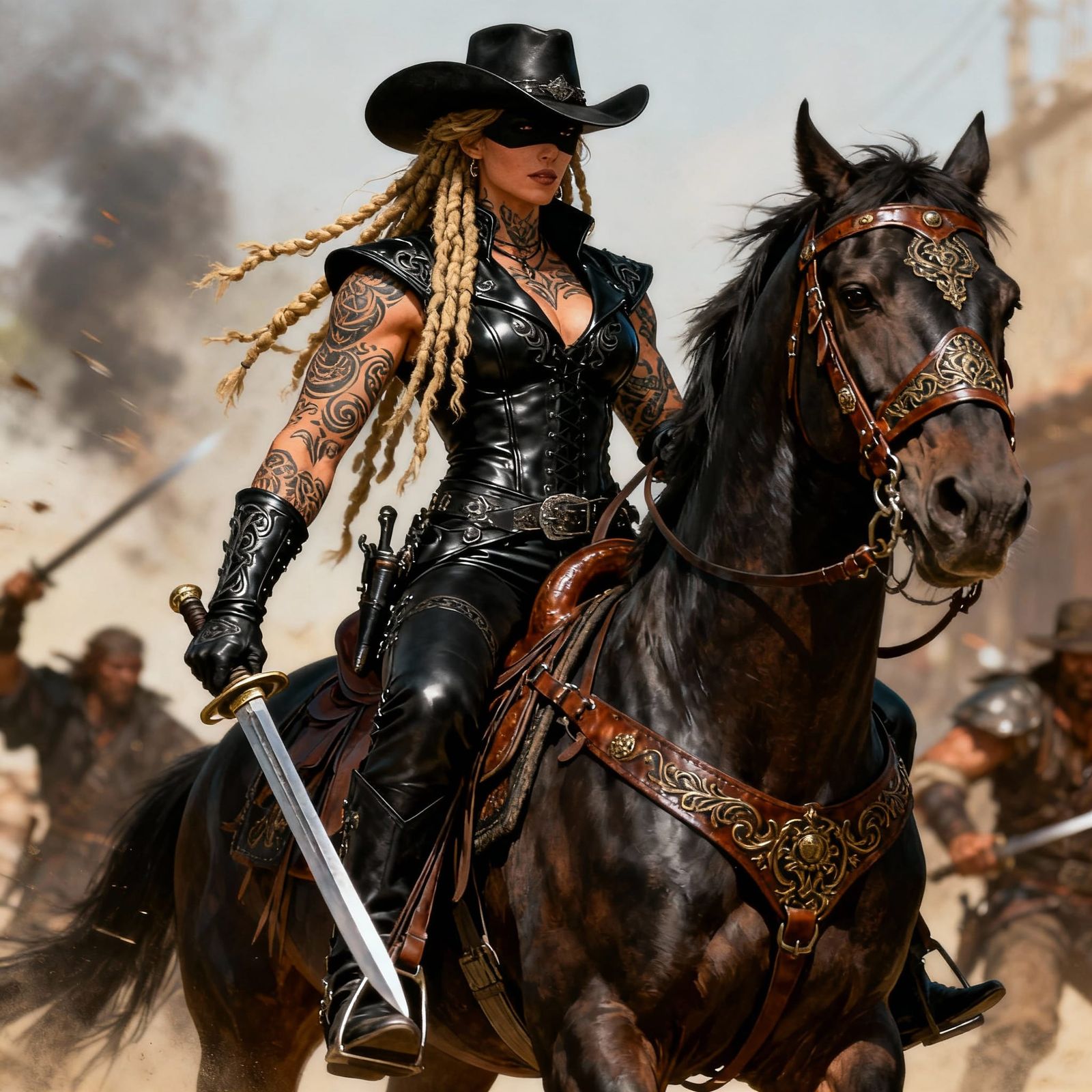 Female Zorro in Leather with Tattoos and Sword