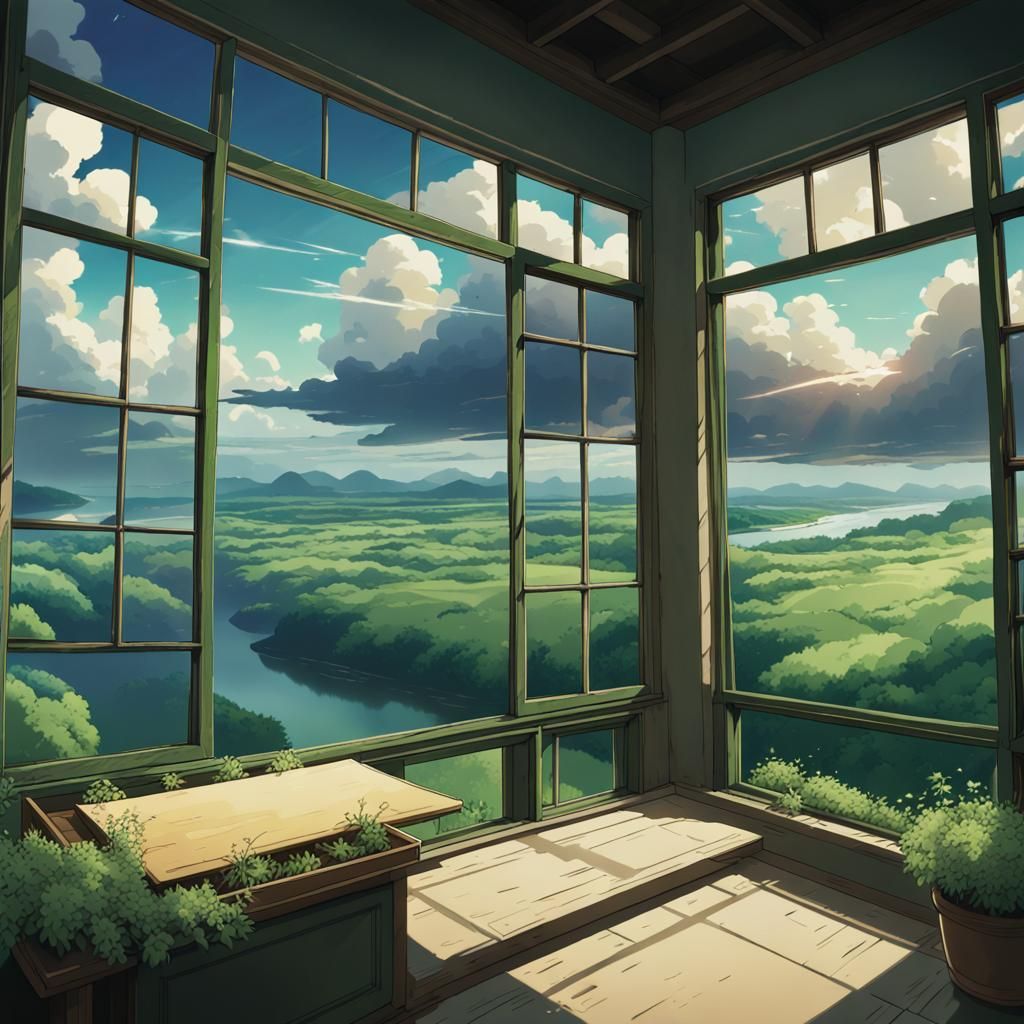 Green Valley Panorama Through a Window Frame