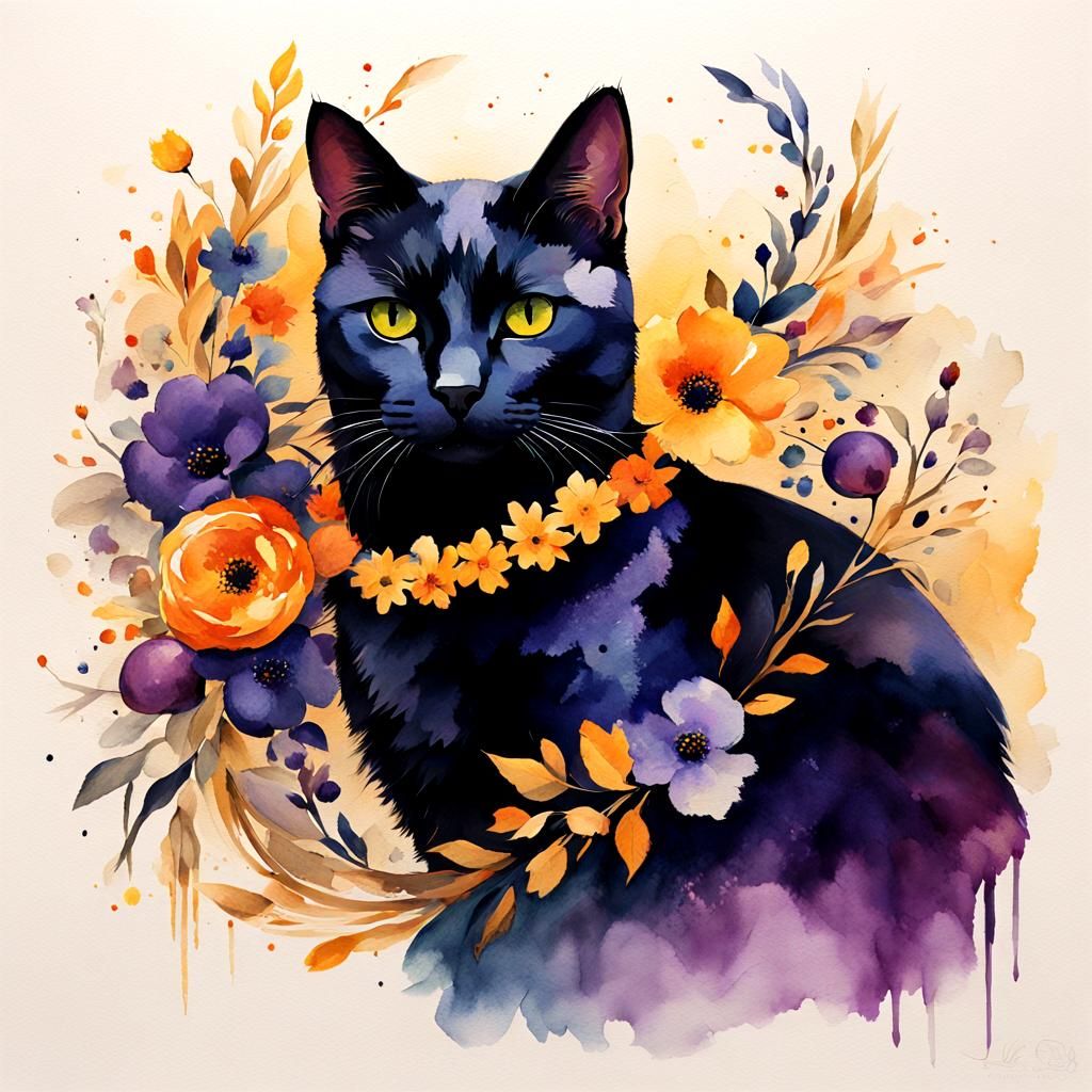 Black Cat with Floral Wreath in Watercolor Style