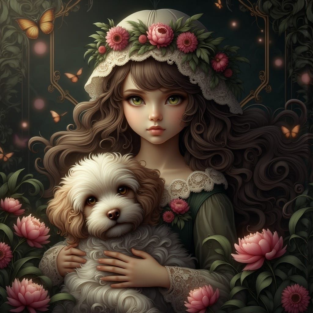 Neo Art Nouveau Girl with Puppy