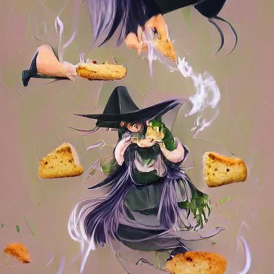 Whimsical Witch Indulges in Garlic Bread