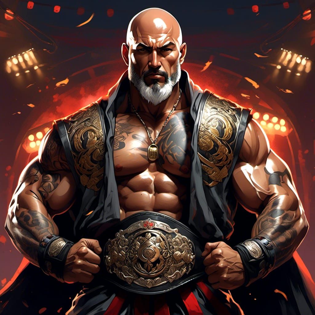 Anime Fighter with Tattoos and Championship Belt