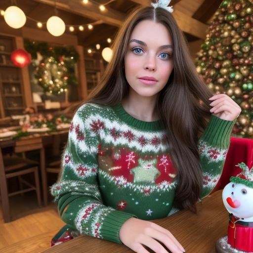 Woman in Christmas Sweater with Reindeer Design