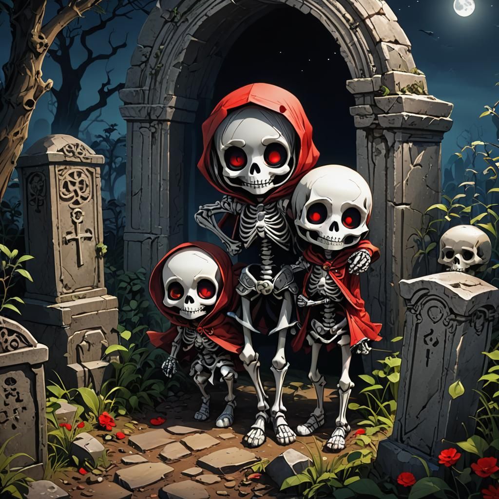 Chibi Skeletons' Moonlight Hide-and-Seek in Anime Style