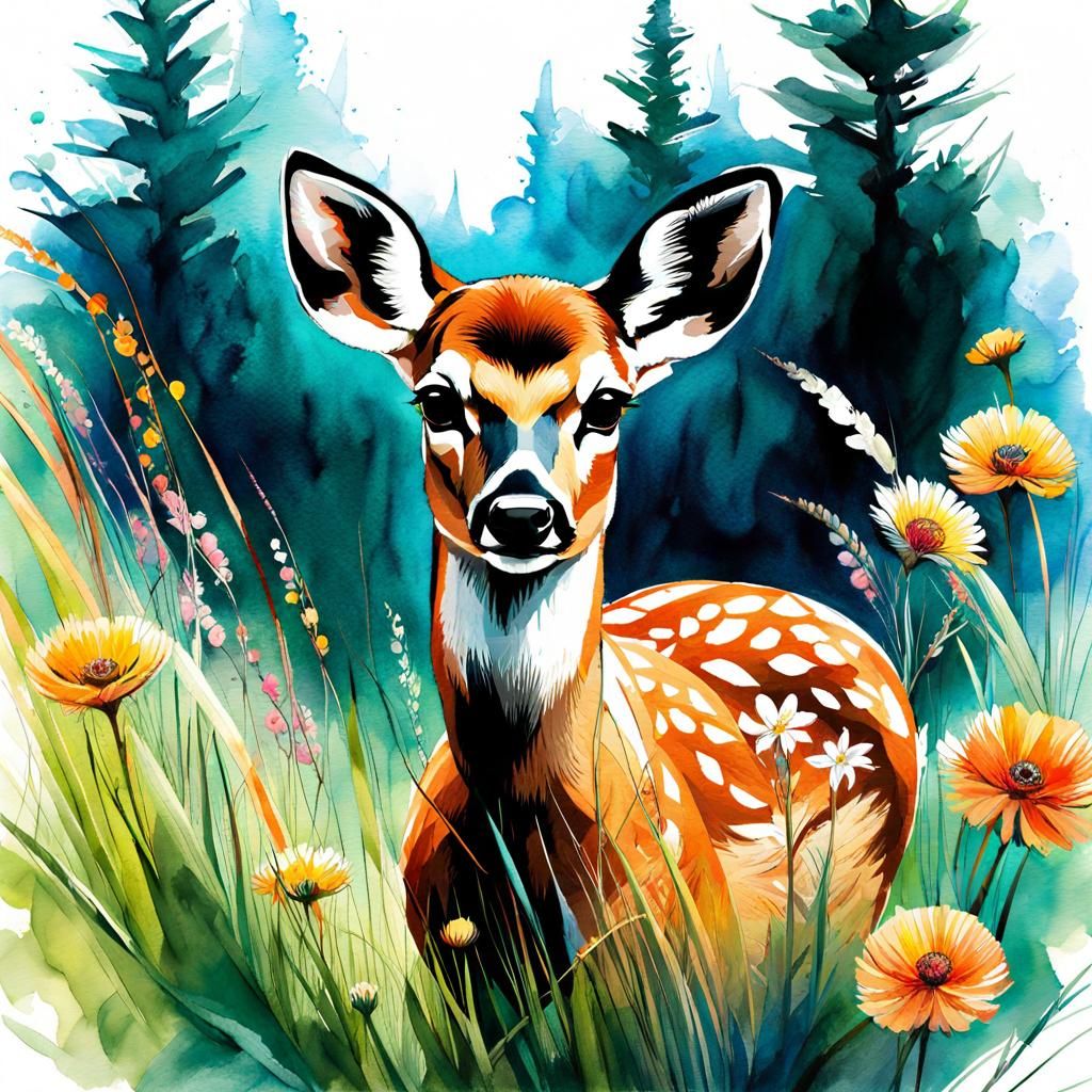 Fawn Deer in Flowery Summerscape Watercolor Illustration