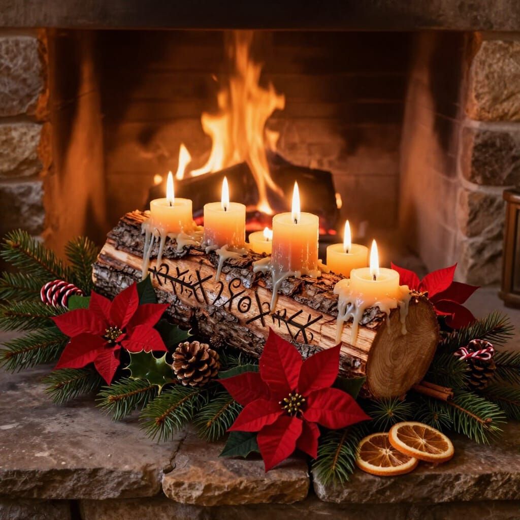 Yule Log With Runic Carvings and Festive Decor