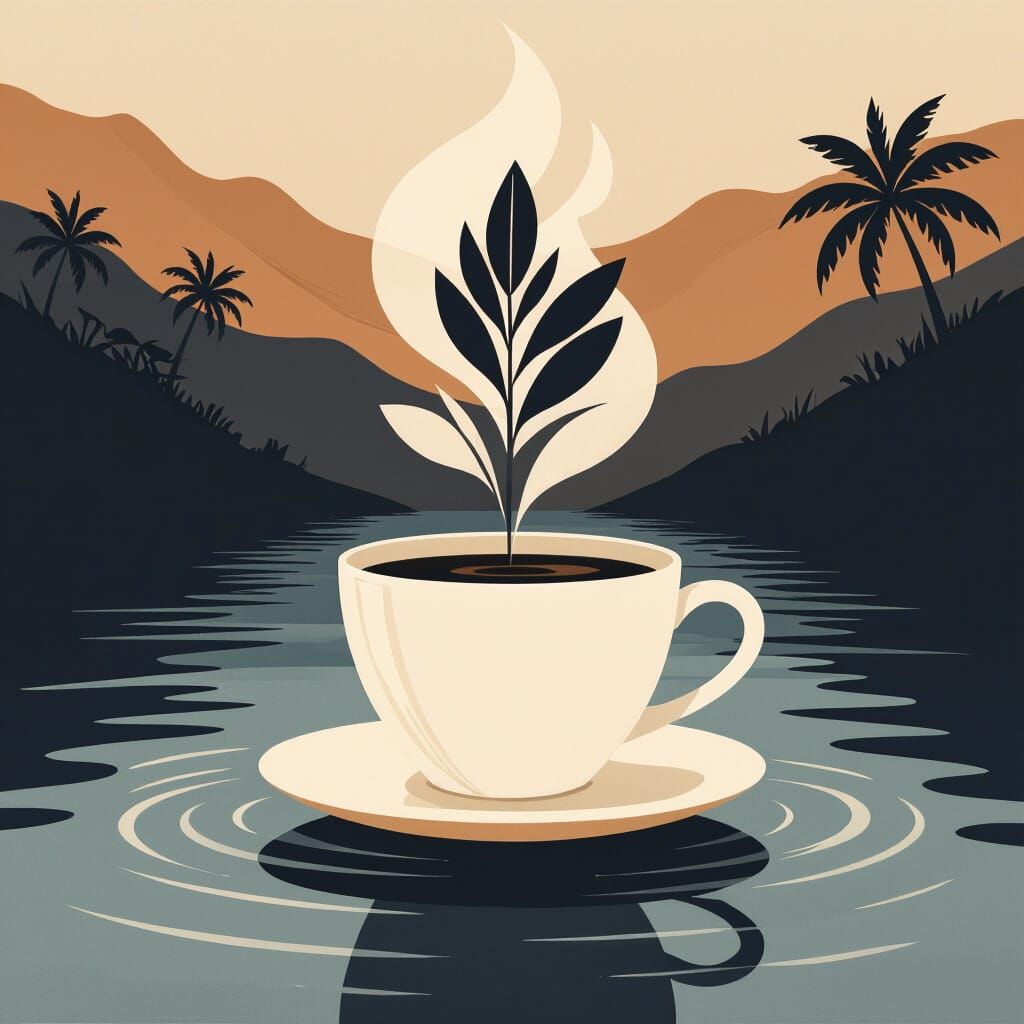Minimalist Cafe Logo: Coffee Steam Forms Palm Tree