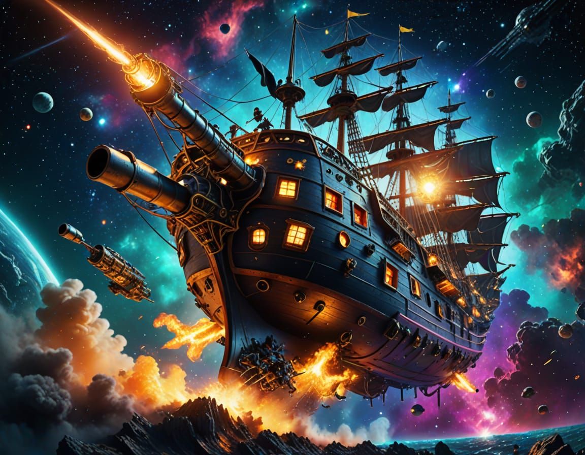 Flying Pirate Ship in Space: Vibrant Sci-Fi Art