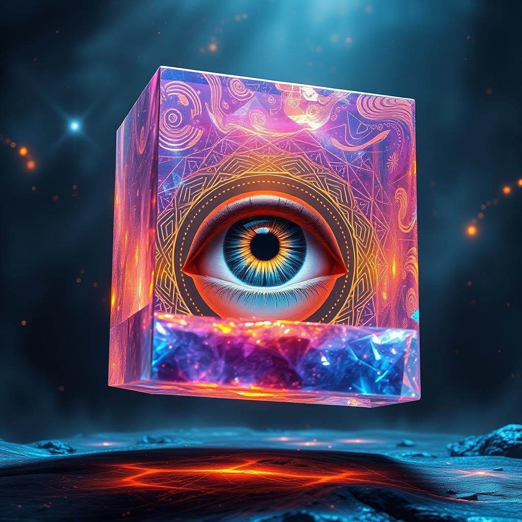 Eye Emerges from Crystalline Box: Surreal Digital Art