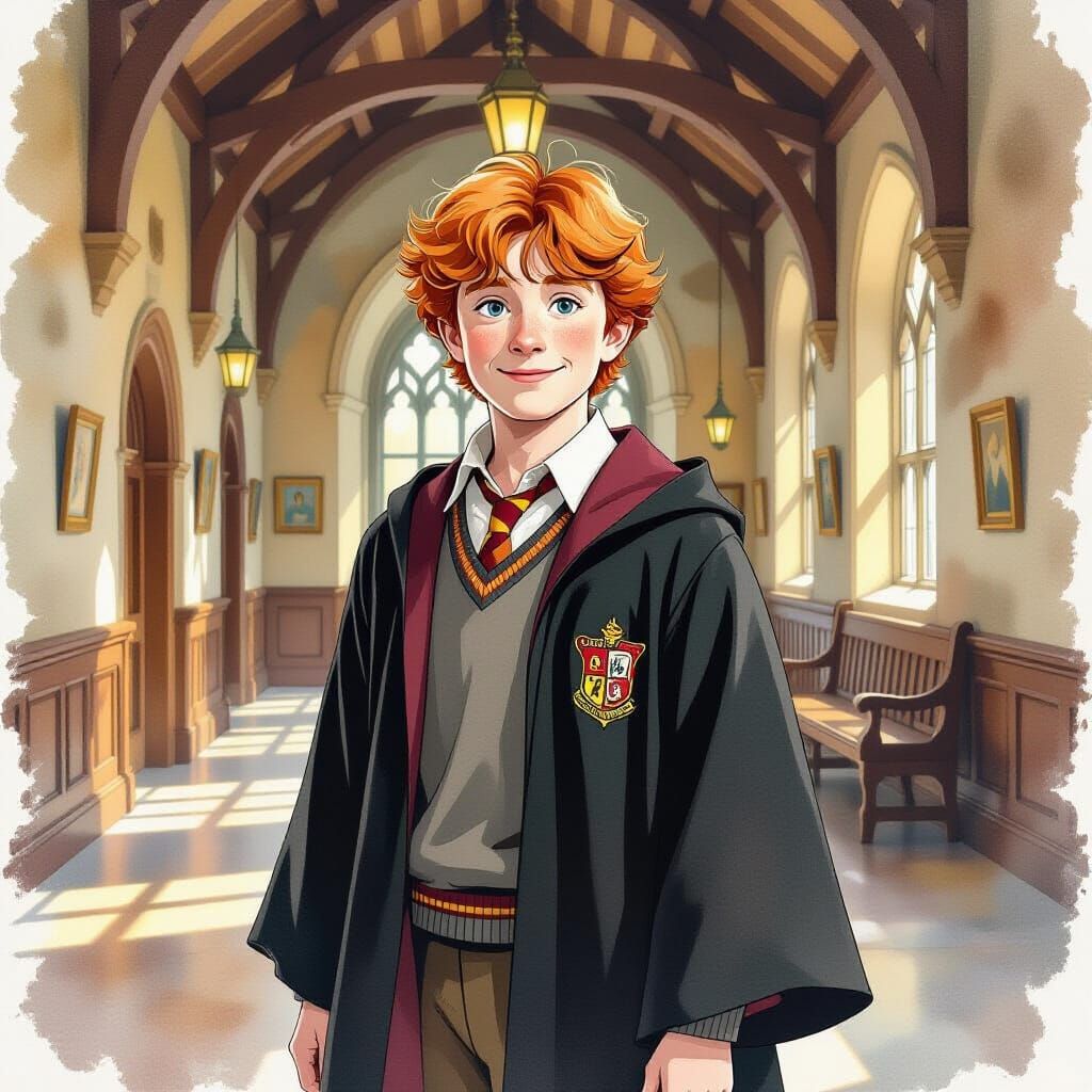 Ron Weasley in Hogwarts Hallway: Nostalgic Watercolor Art