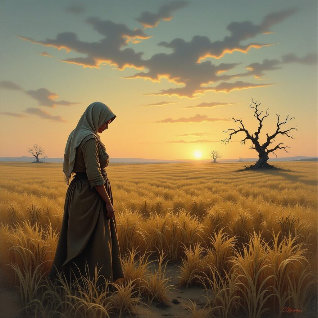Weary Peasant Woman in Desolate Field Under Twilight Sky