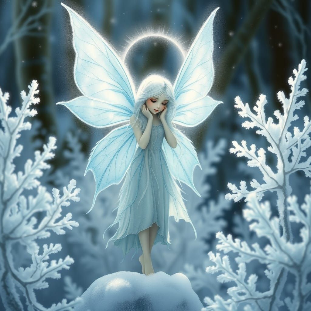 Ethereal Winter Fairy in Frosty Forest Landscape