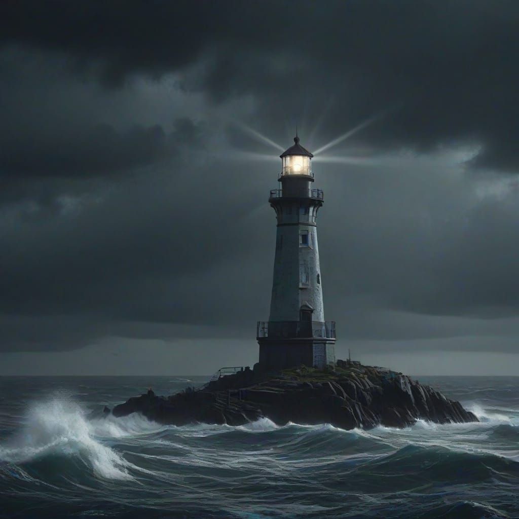 Lighthouse Beam Cuts Through Stormy Seas