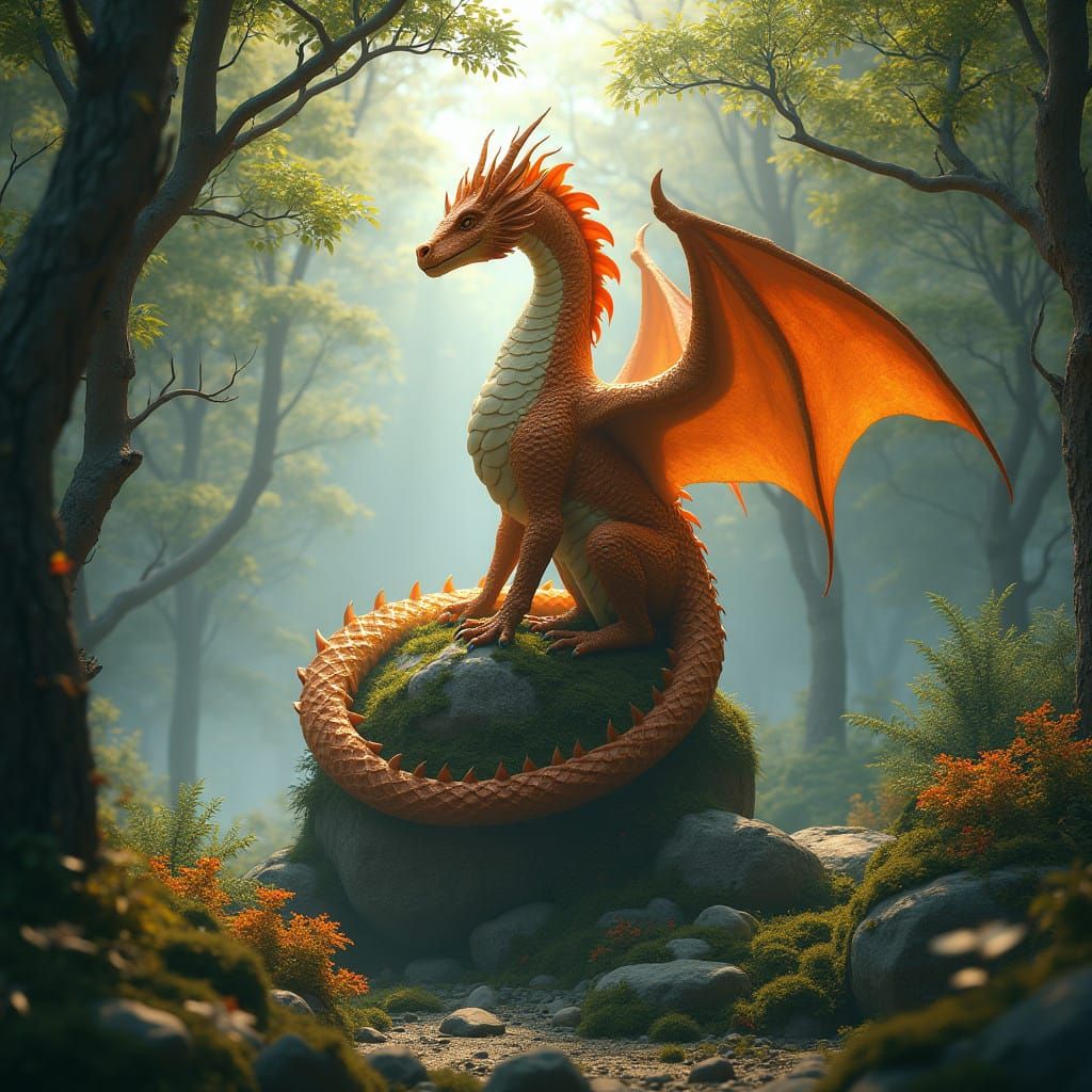 Majestic Leodragon Sits Among Ancient Forest Trees in Mystic...