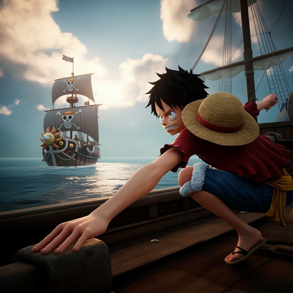 Luffy Reaches for Passing Ship in Matte Painting Style