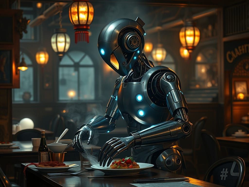 Metal Robot Works in Mystical Restaurant