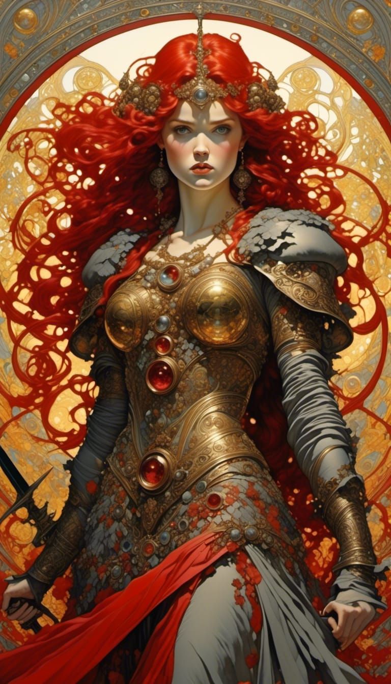 Coppery Haired Valkyrie on Battlefield in Abstract Style