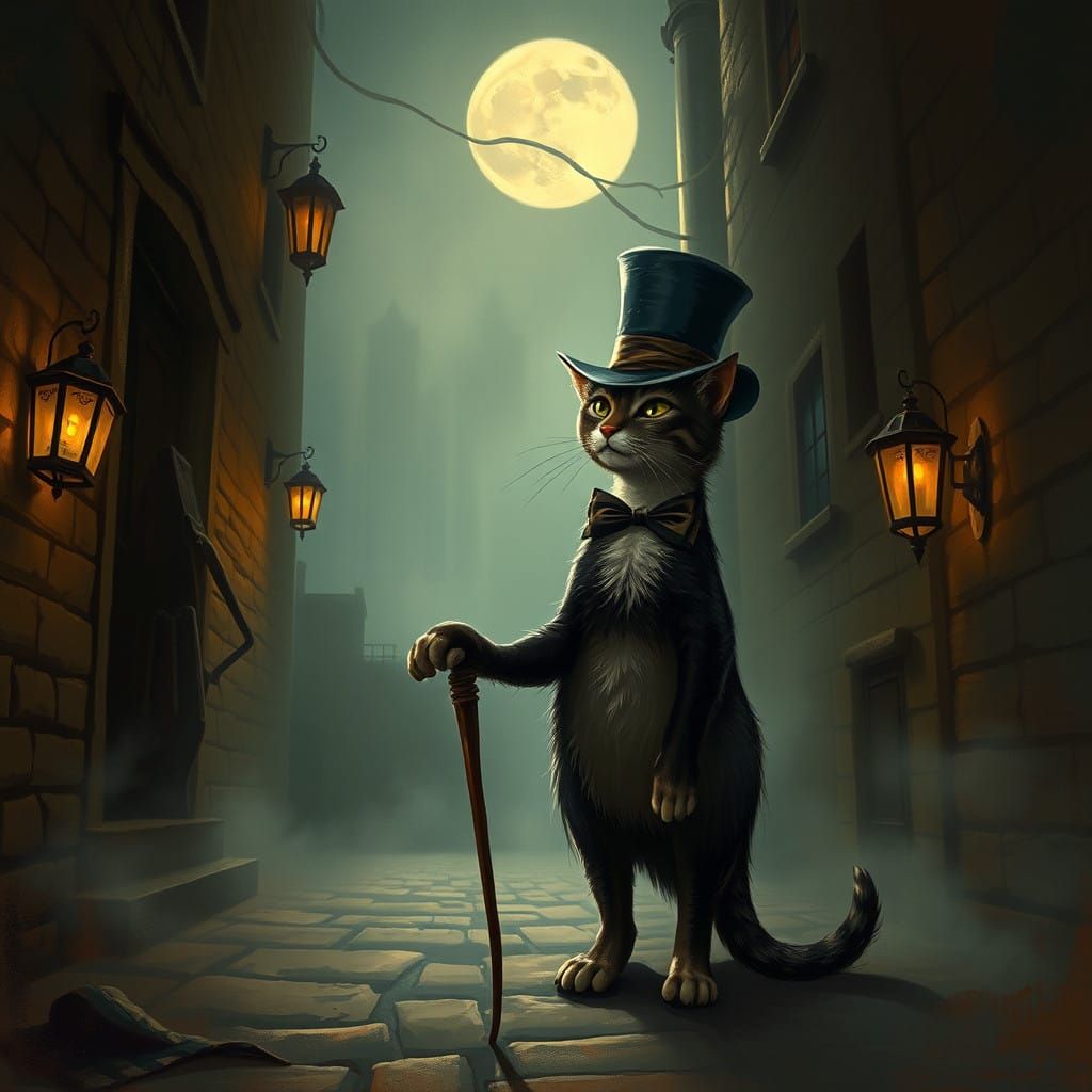 Whimsical Cat in a Top Hat, Enchanted Alleyway