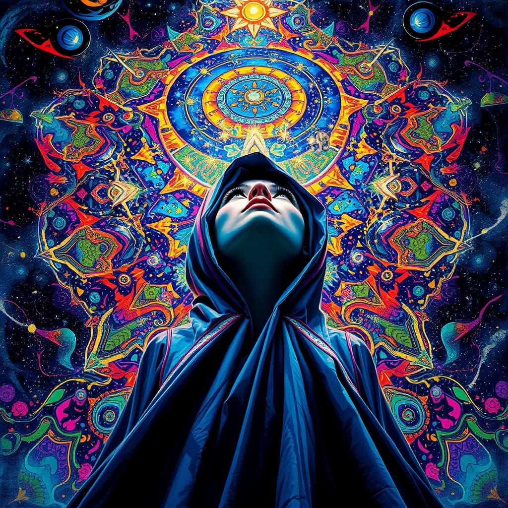 Woman in Psychedelic Patterns, Cosmic Backdrop, Hyper-Realis...