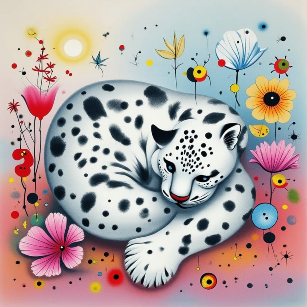 Hyperrealistic Snow Leopard Cub in Dreamlike Floral Field