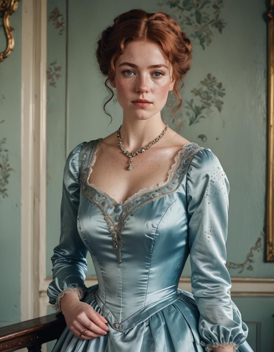 Victorian Woman in Blue Satin Dress Portrait