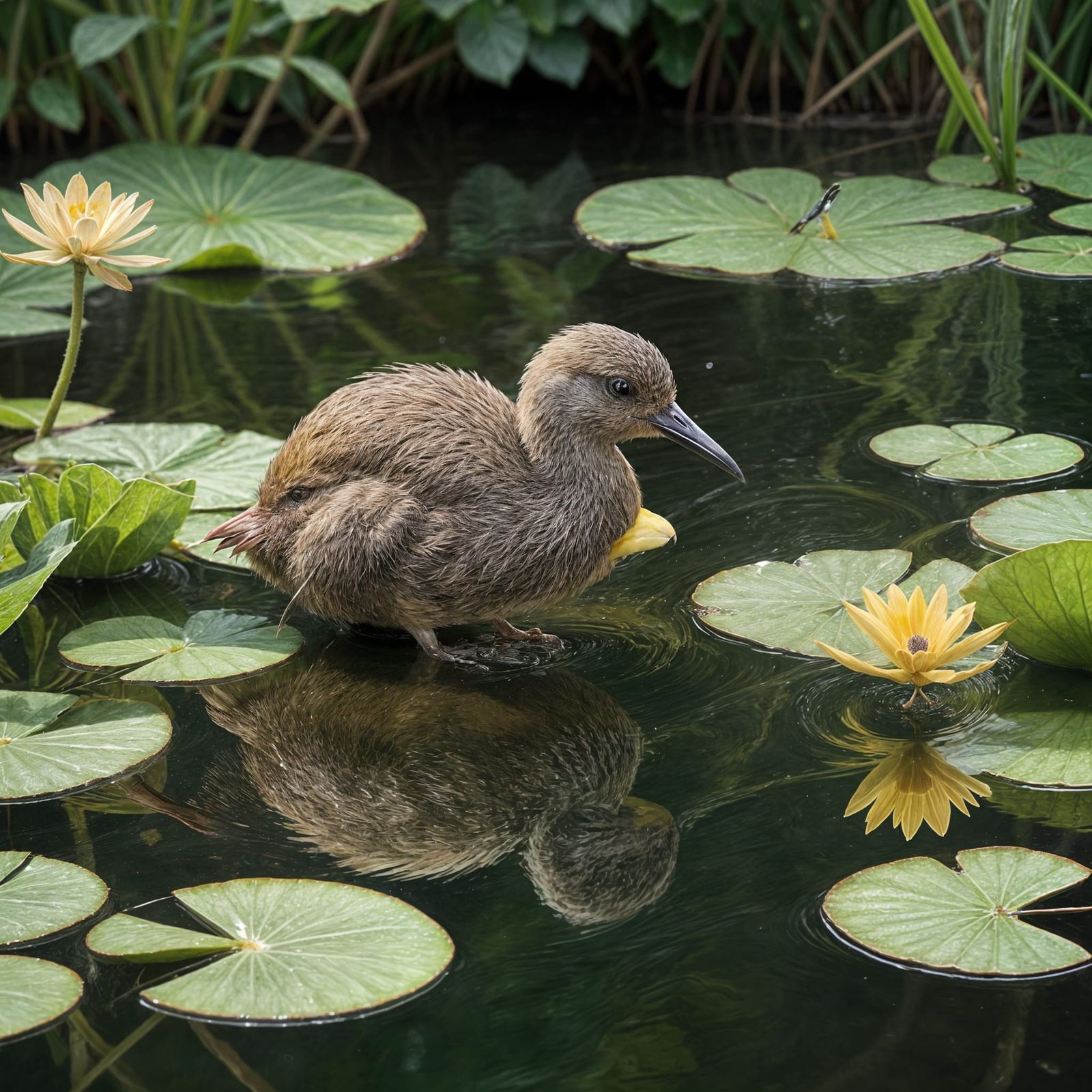 Whimsical Kiwi Bird Waddling on Serene Lake in Nature Style