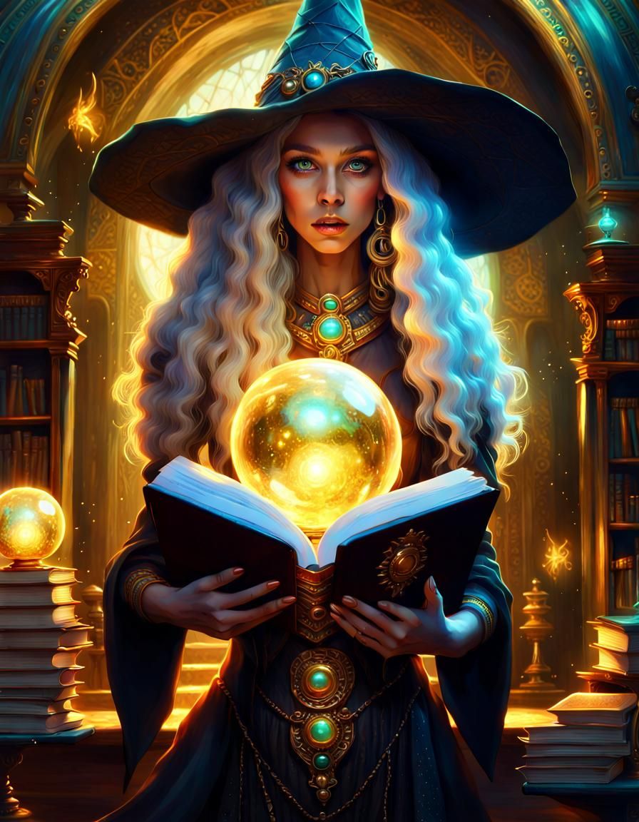 Shocked Witch with Bioluminescent Sphere in Fantasy Library