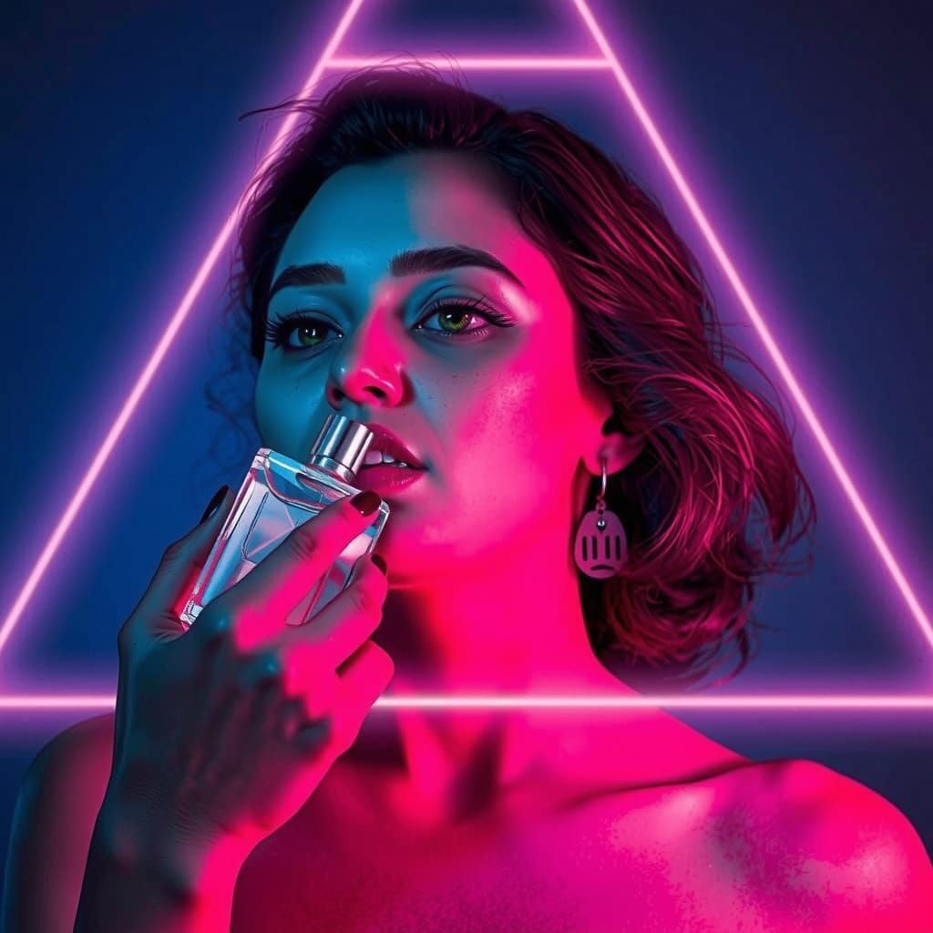 Hyperrealistic Woman Inhaling Perfume in Futuristic Style