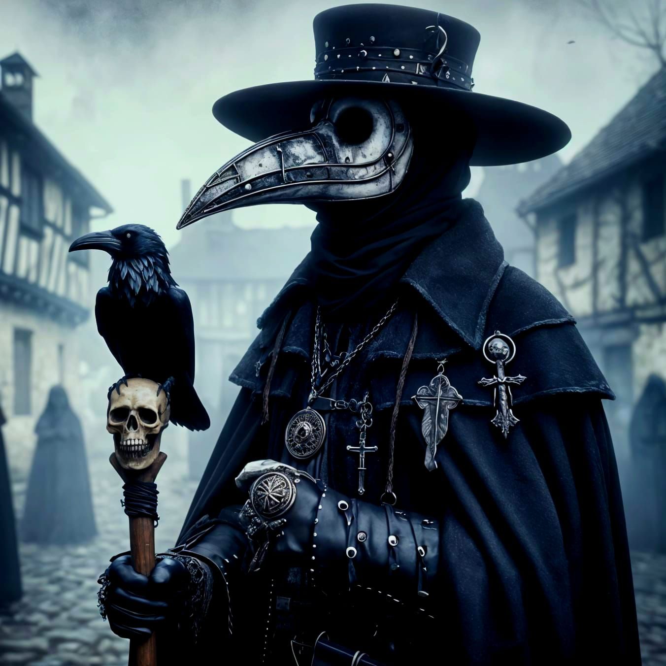 Eerie Plague Doctor in Medieval Town