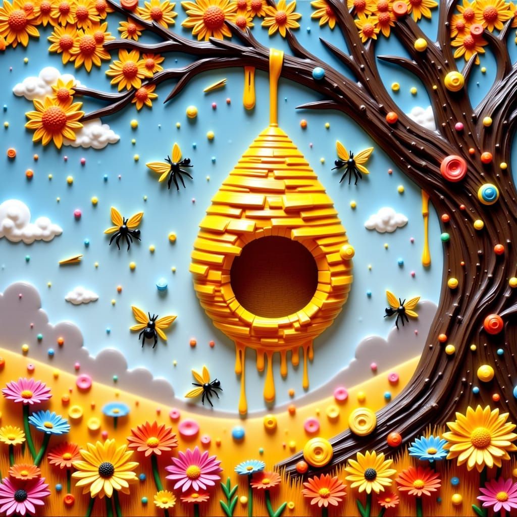 Vibrant Floral Meadow with Crystalized Honey Beehive in Impa...