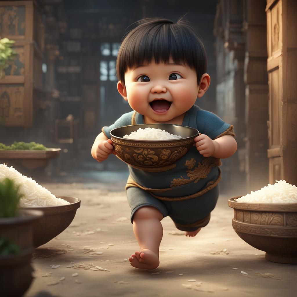 Joyful Asian Toddler Running with Rice Bowl