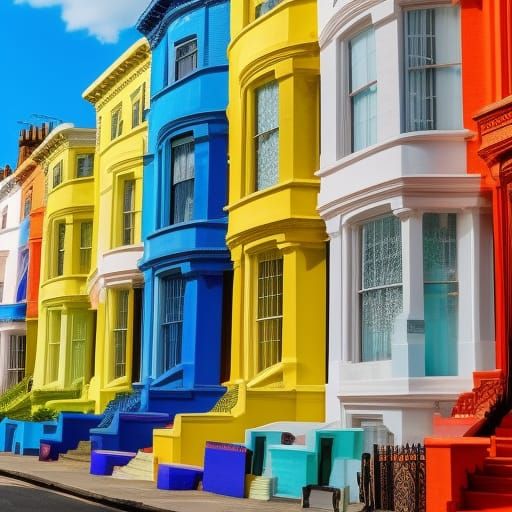 Colorful Brownstones in Notting Hill, Hyperrealistic Style