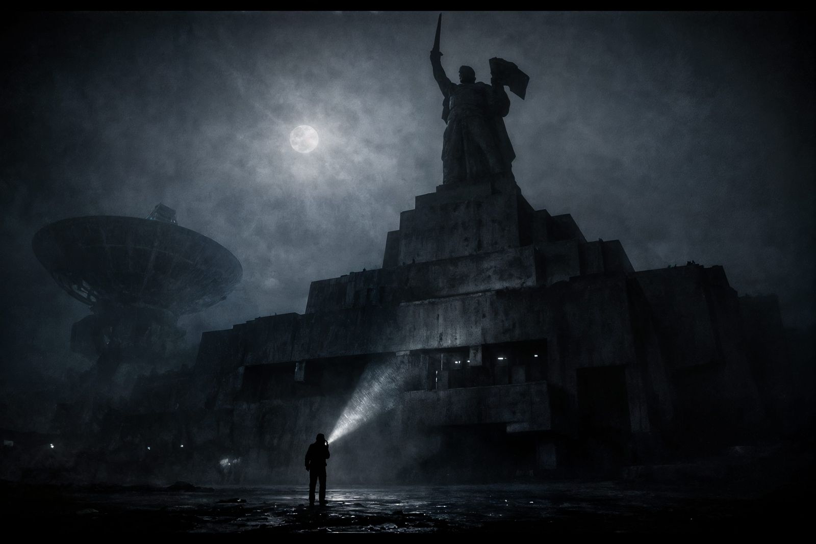 Monumental Brutalist Military Complex in Dense Fog at Night