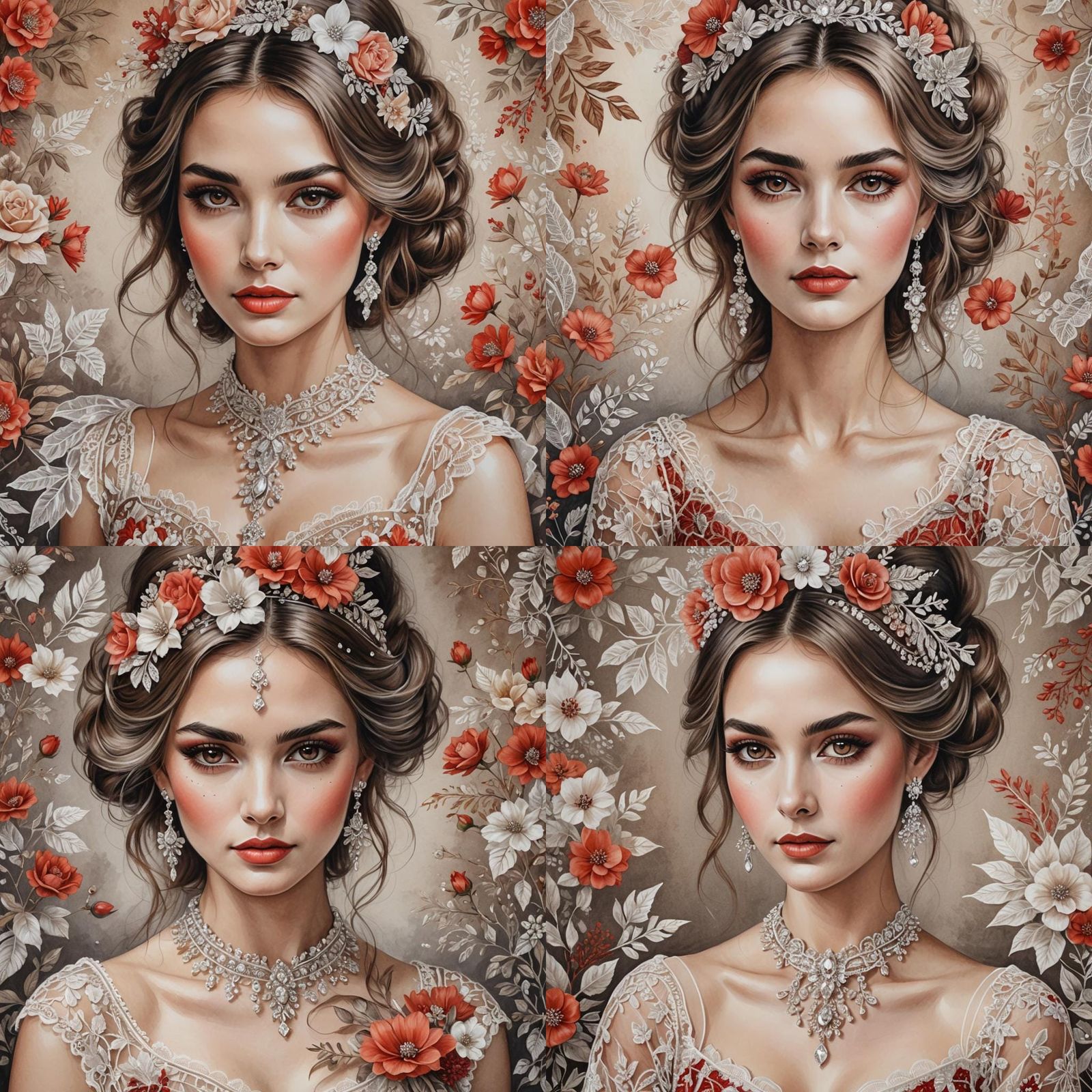 Elegant Lady with Diamonds, Pencil Drawing in Claudemont Sty...