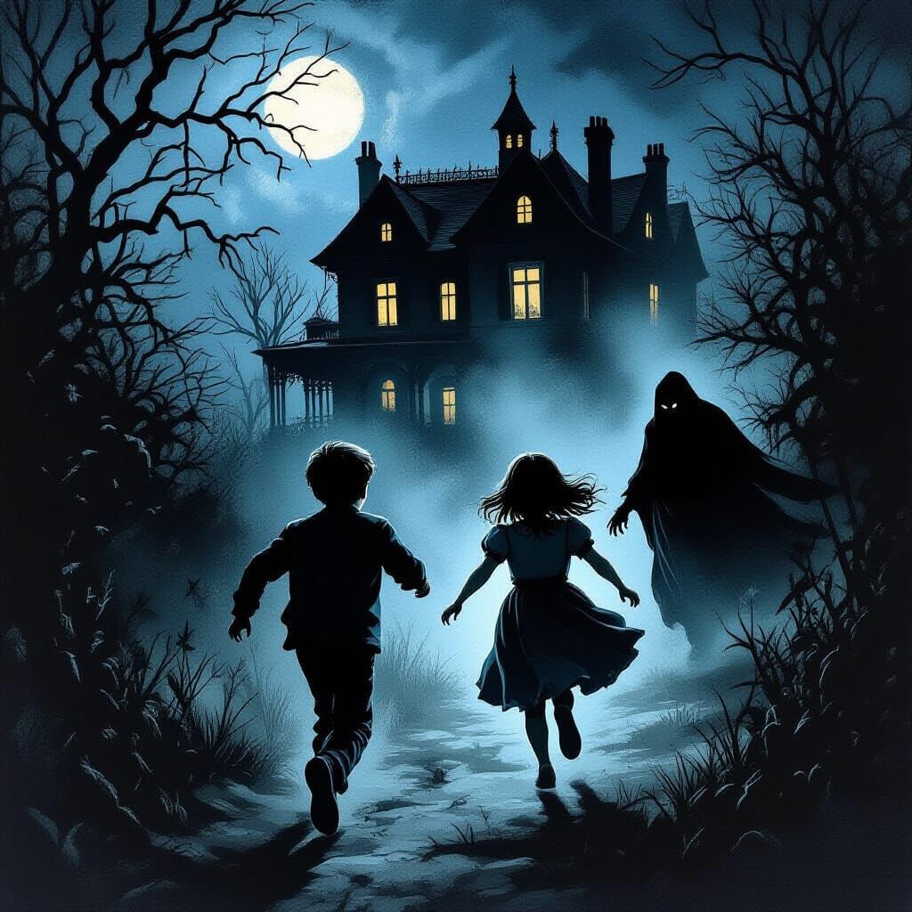 Children Flee Spooky Mansion Pursued by Shadowy Figure