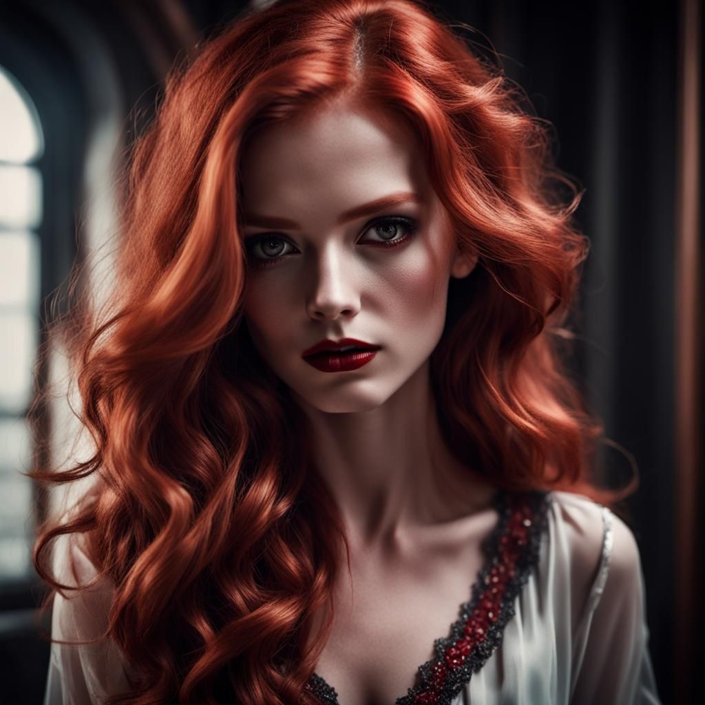 Hyperrealistic Close-up of a Redhead Femme Fatale