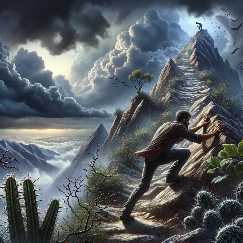 Mountain Climber Faces Adversity in Stormy Landscape