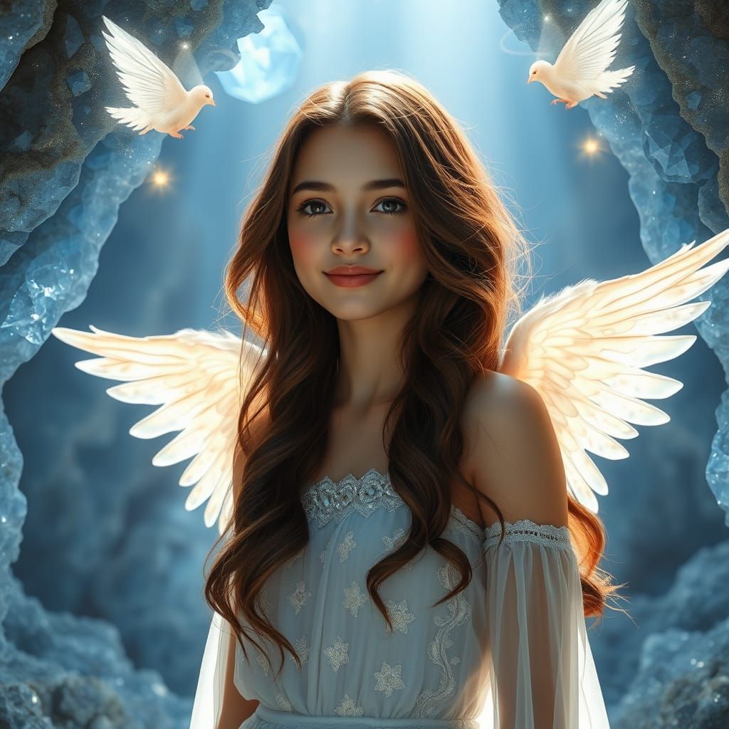 Serene Brunette Goddess in Colossal Geode with Wings