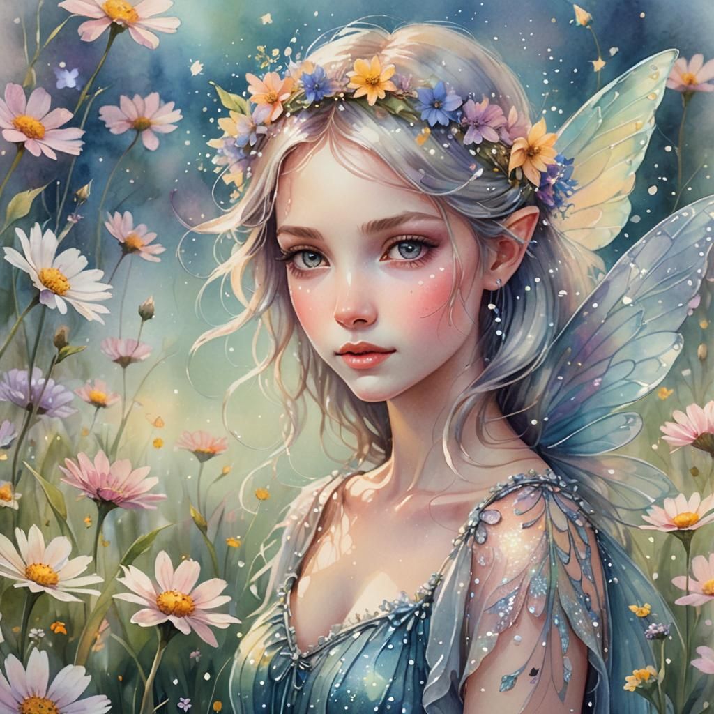 Watercolor Fairy Portrait in Sunlit Meadow