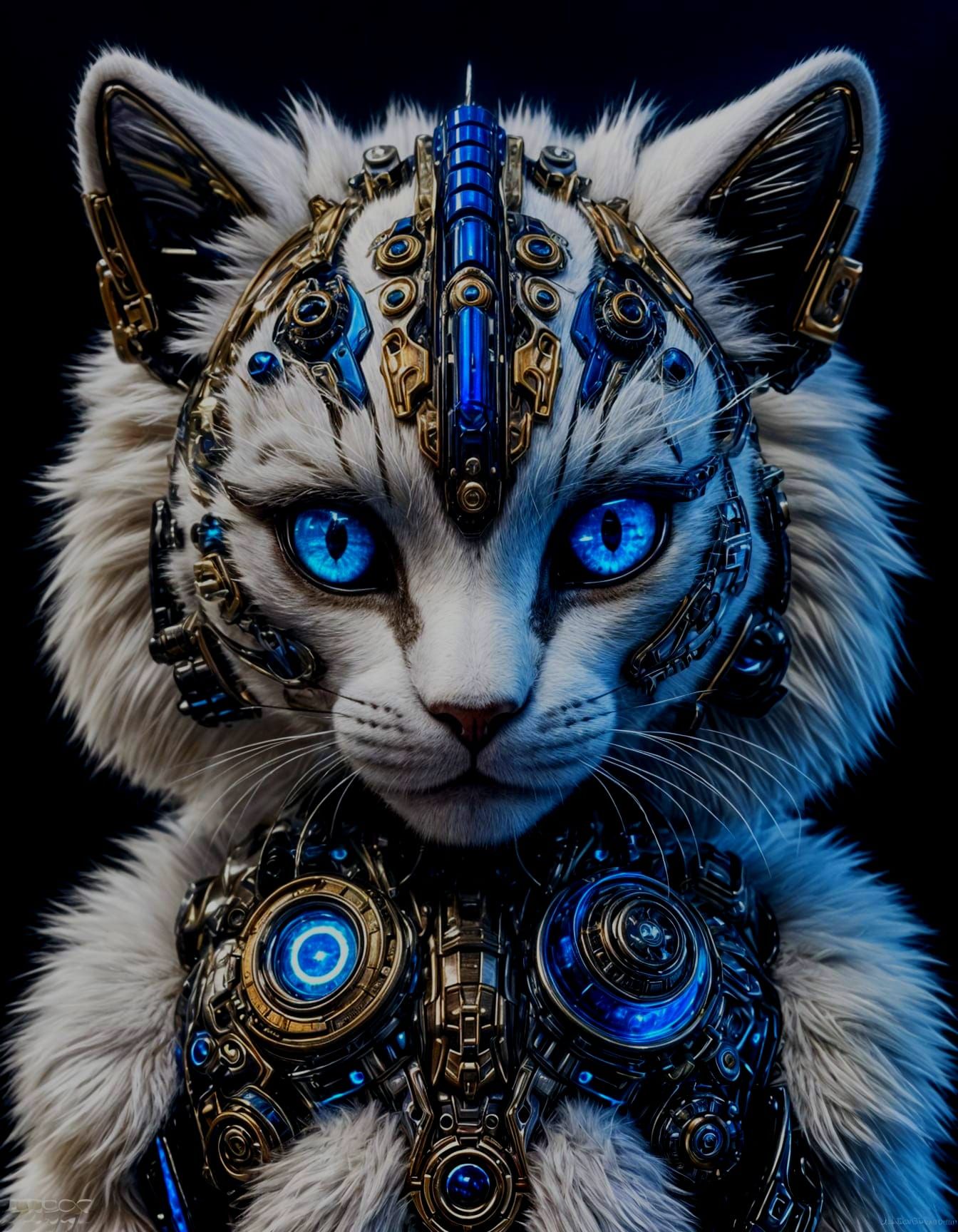 Photorealistic Cyborg Cat with Glowing Blue Eyes