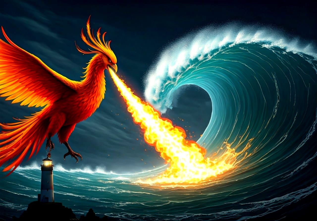 Mythical Phoenix Saves Lighthouse from Colossal Tsunami