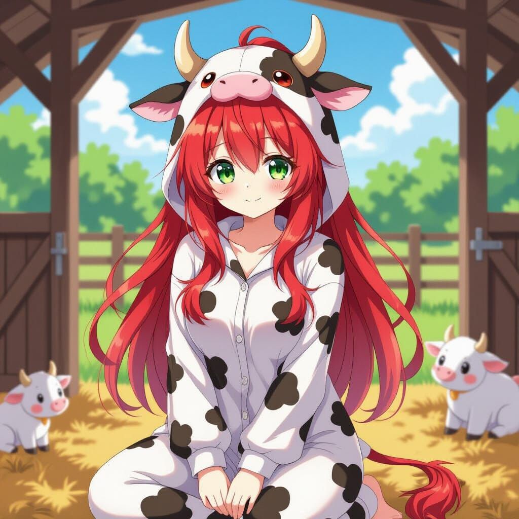 Cute Woman in Cow Pajamas in Barnyard