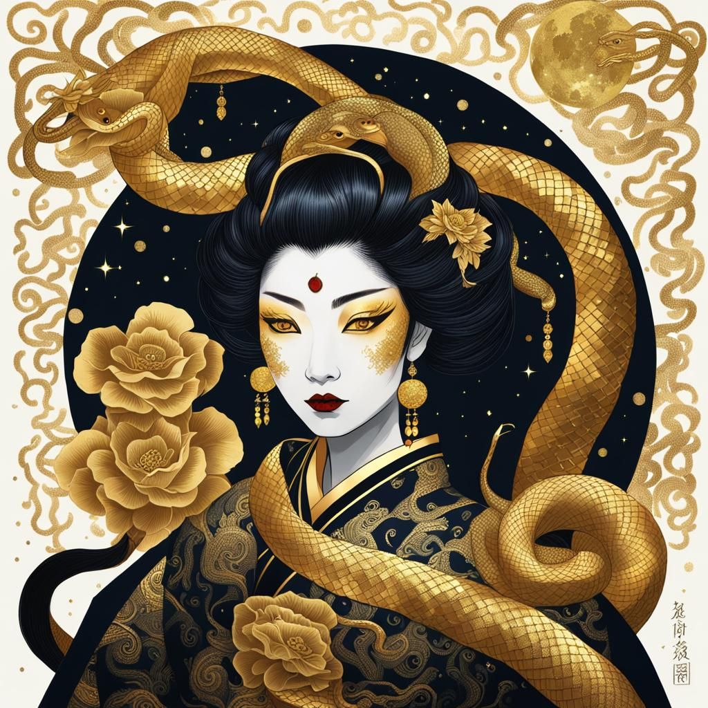 Golden-Eyed Geisha Under a Glittering Moon